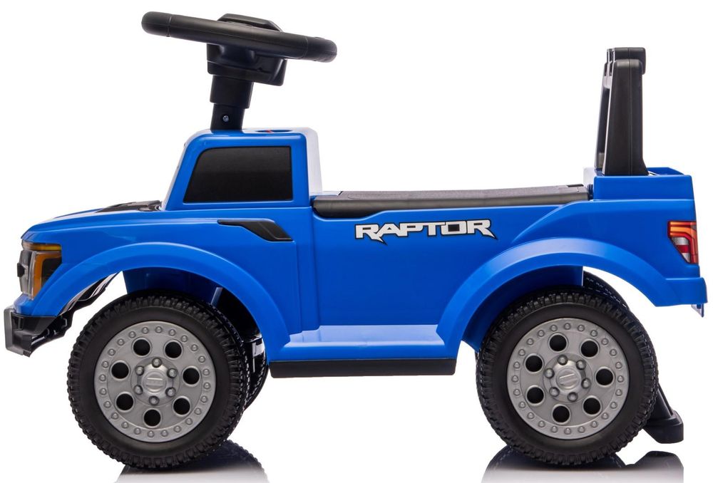 Zijaanzicht van de blauwe SUN BABY Ford Raptor loopauto met stuur en rugleuning