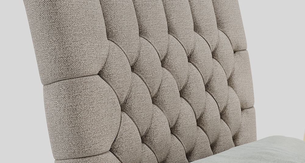 Vergrößern Sie das Kopfteil des Boxspringbettes, das Foto zeigt beige Stoff