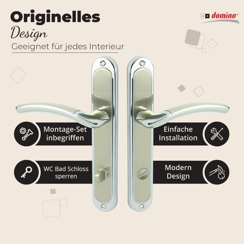 DOMINO Türgriff 78 Drückergarnitur WC - Badezimmer Set | Links & Rechts Türbeschlag für WC/Badezimmertüren | L-Form | Türbeschläge aus Aluminium | Chrom/Nickel  Türdrückergarnitur | SHARON ECO M6/M9