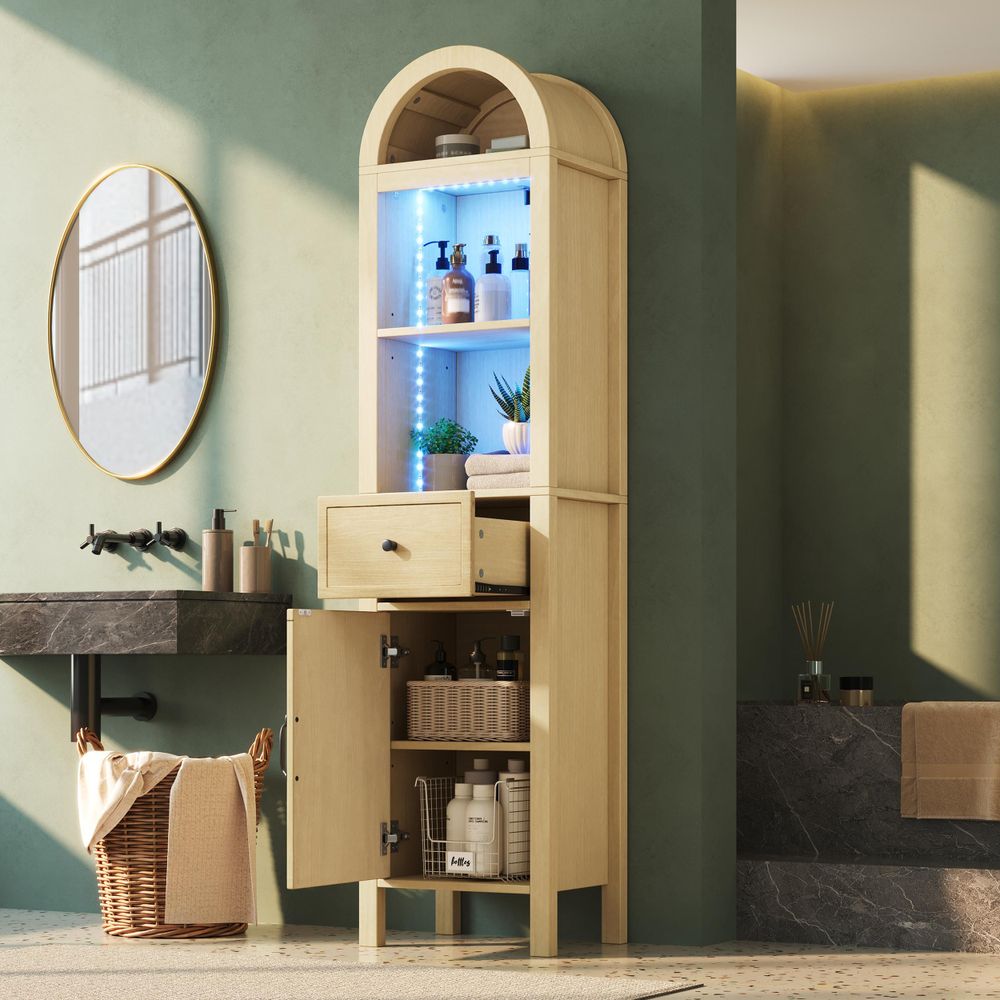 Merax Badezimmerschrank mit LED, Badschrank Hochschrank mit verstellbaren Böden, Kommode mit Schublade aus MDF, Soft-Close, bogenförmig, Naturfarbe