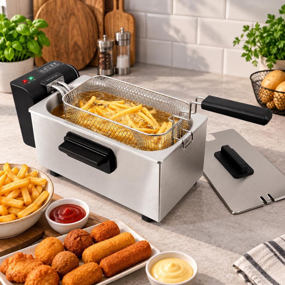 Emerio Edelstahl-Fritteuse mit Pommes und frittierten Snacks auf einer Küchenarbeitsplatte.
