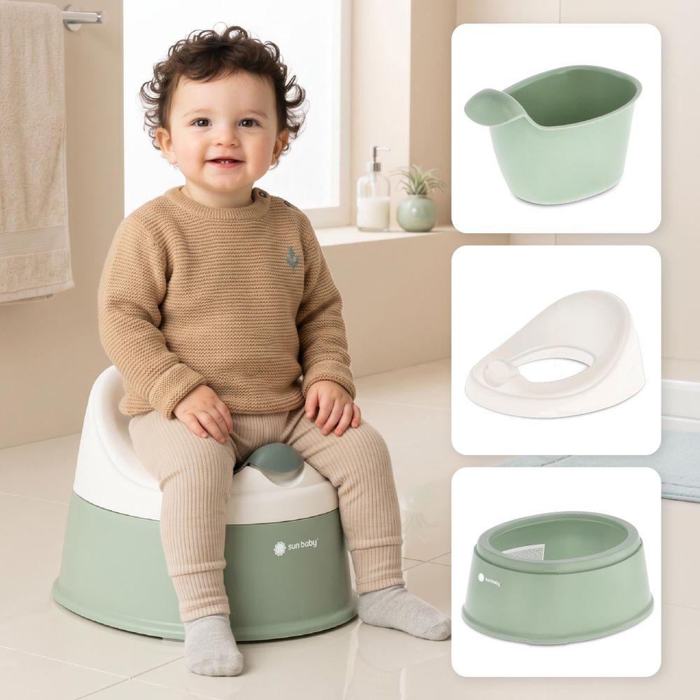 Niño sentado en el orinal SUN BABY NESTPOT verde-blanco, mostrando asiento y respaldo ergonómicos.