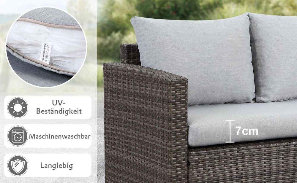 MeXo Gartenmöbel Set Polyrattan Essgruppe 7 Teile Lounge Sofa für 6-9 Personen mit Hocker, wetterfest Balkonset Sitzmöbel-Set Indoor Outdoor grau