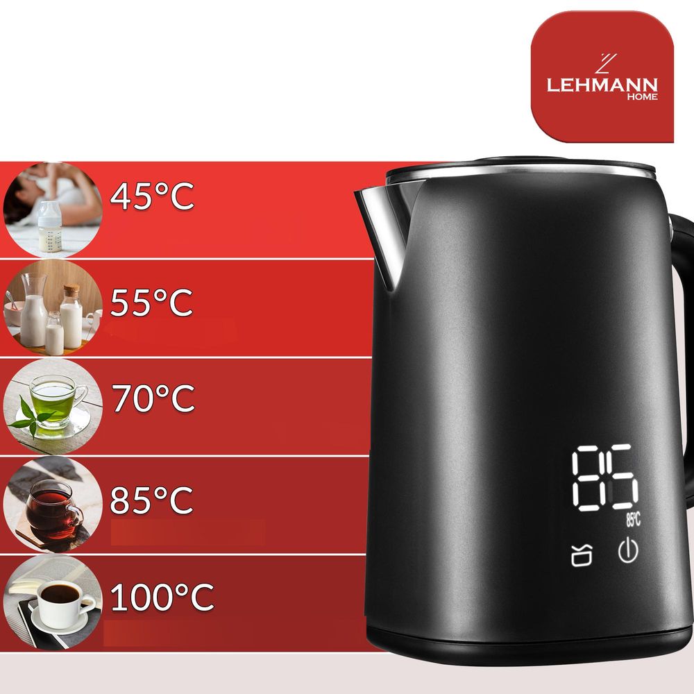 LEHMANN Bollitore Elettrico 1,7L, Regolazione della temperatura 45-100 °C, Mantenimento in caldo, senza BPA, Nero opaco