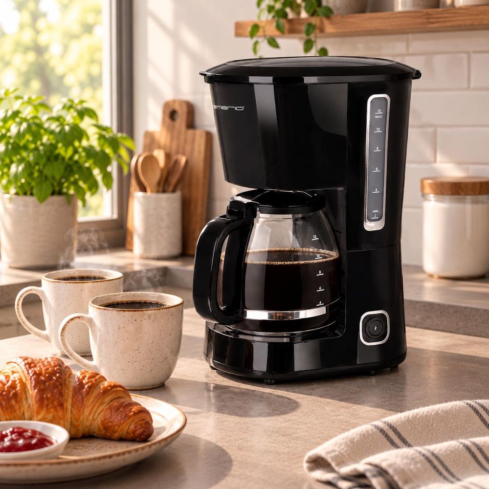 Schwarze Filterkaffeemaschine mit Glaskanne in einer gemütlichen Küche.