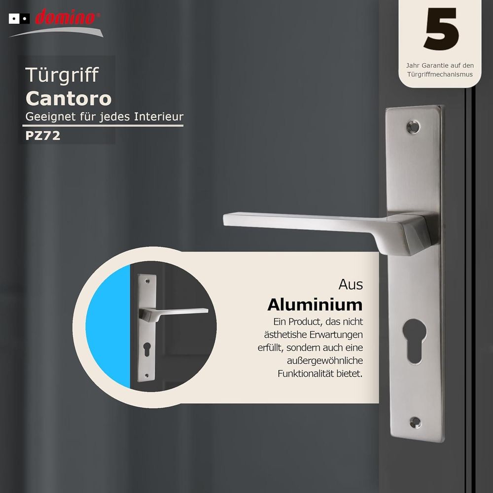Domino Türgriff 72 PZ Drückergarnitur für Zimmertür, Bürotür, Kellertür, Innentür, L-Form, Aluminium Nickel CANTORO M9