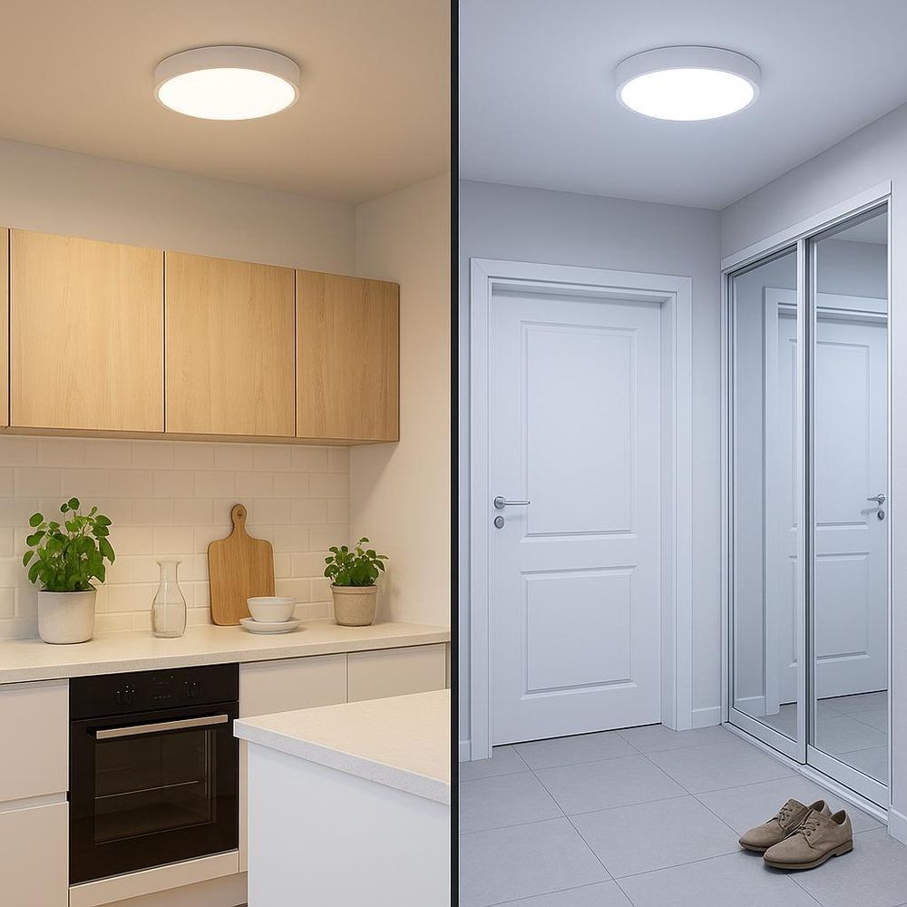 Runde LED-Deckenleuchten in Küche mit Holzfronten und Flur mit Spiegel-Schiebetür montiert.