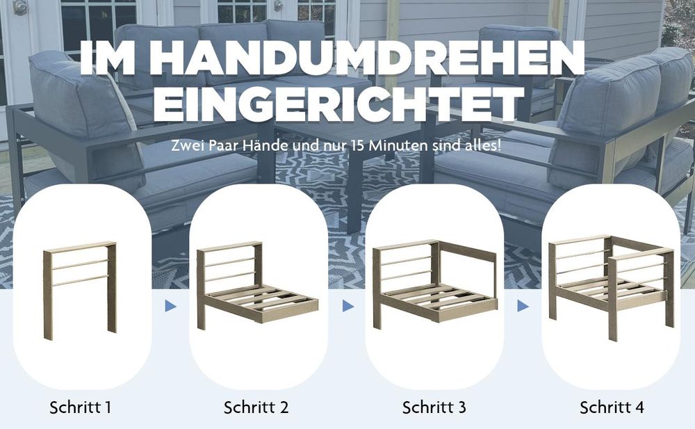 MeXo Gartenmöbel Set Beige Aluminium 6-7 Personen outdoor wetterfest, 12cm Deluxe Relax-Sitzkissen, Gartenlounge-Set 5-tlg. mit 8 cm breite Armlehnen