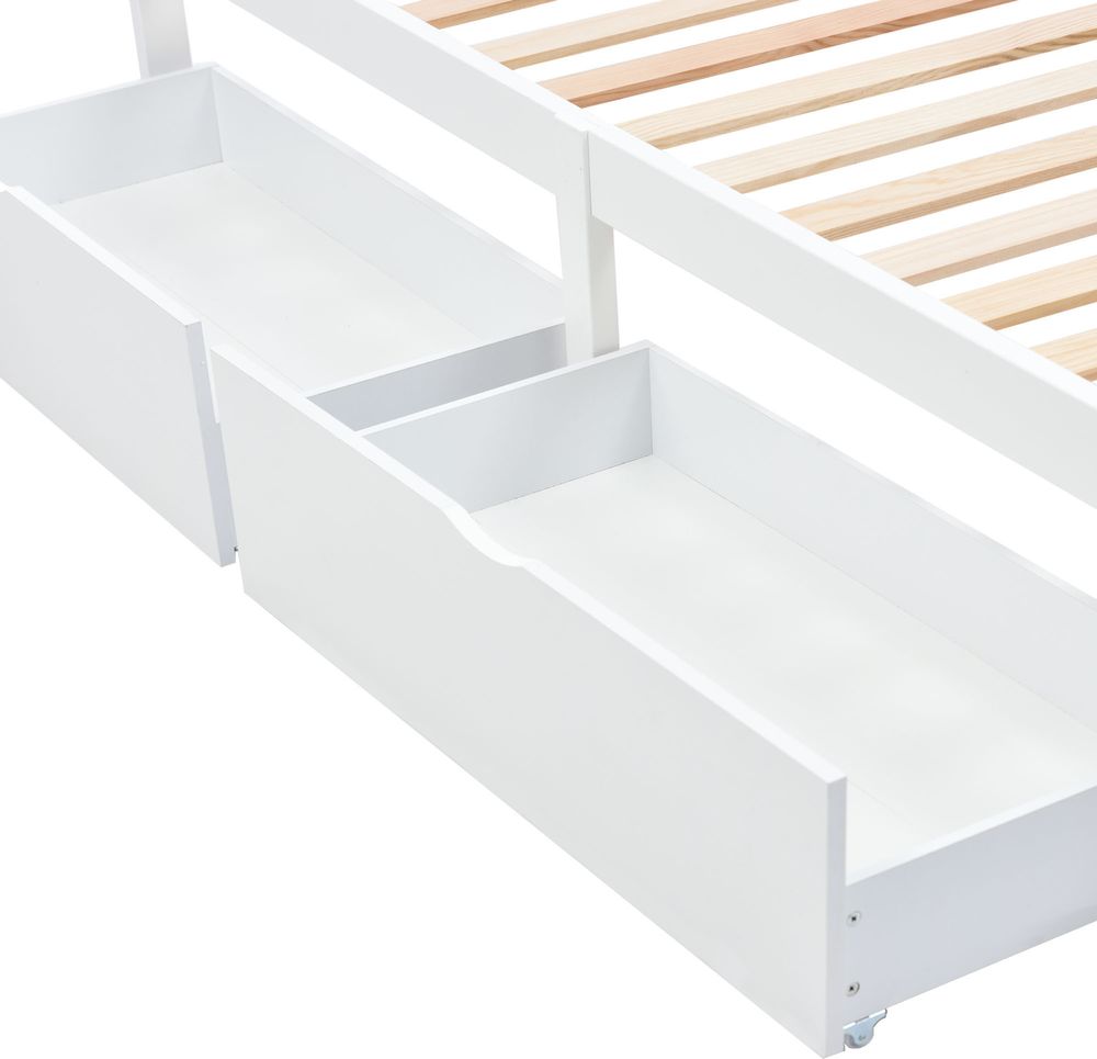 Flieks Holzbett Doppelbett Bettgestell 140x200cm, Jugendbett mit Lattenrost und 2 Schubladen Klassisches Bett, Massivholzbett für Ehe Erwachsene, weiß