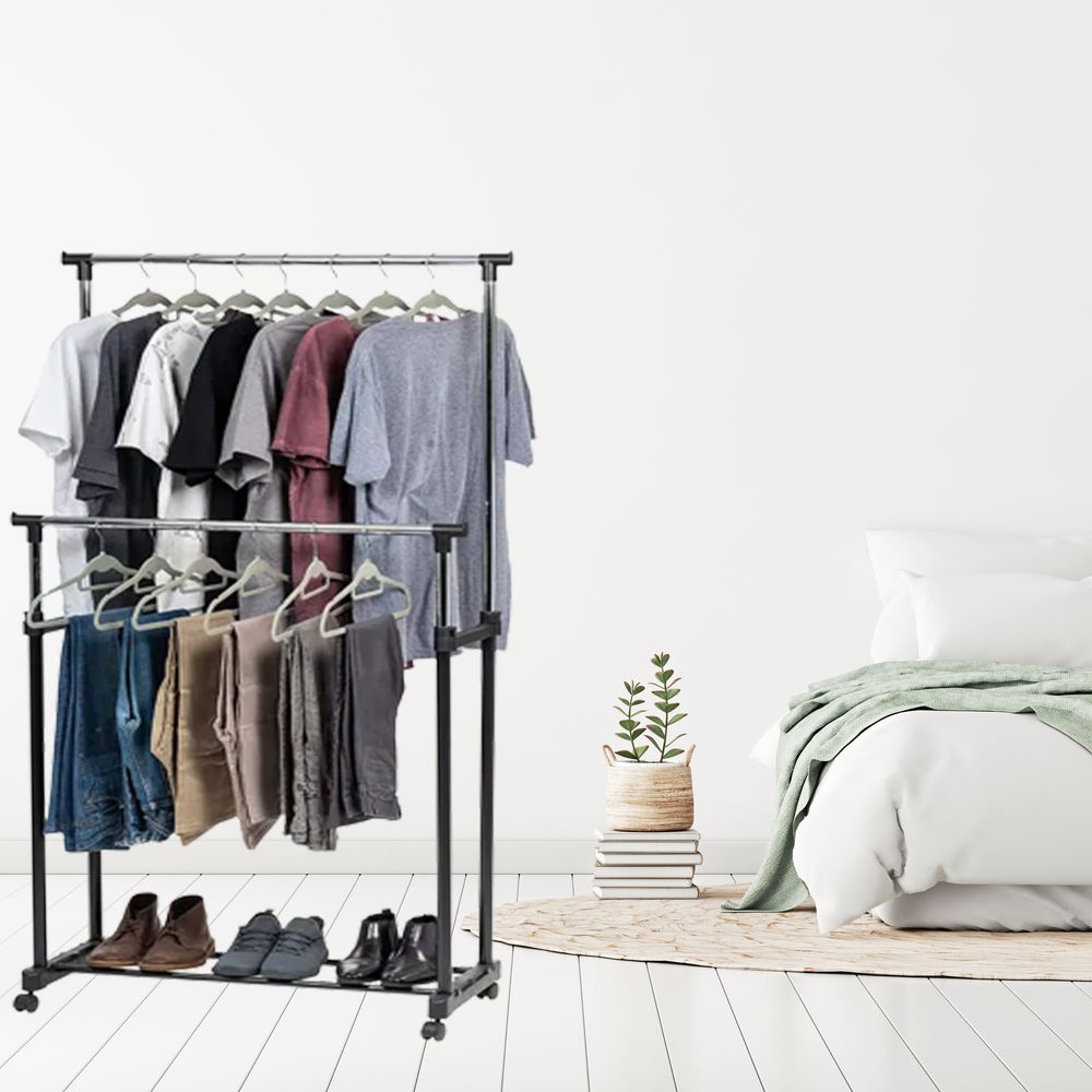 Garderobenständer Kleiderständer aus Metall mit 2 Kleiderstangen Kleiderstange Flur Schlafzimmer Garderobenstange mit Schuhregal einfach Montage Retoo