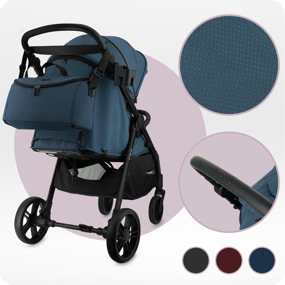 MoMi CLARA – Buggy ab Geburt, bis 22 kg, mit 4-Rad-Federung, Drehbügel & verstellbarem Schiebegriff, inkl. Tasche & Regenschutz – Blau