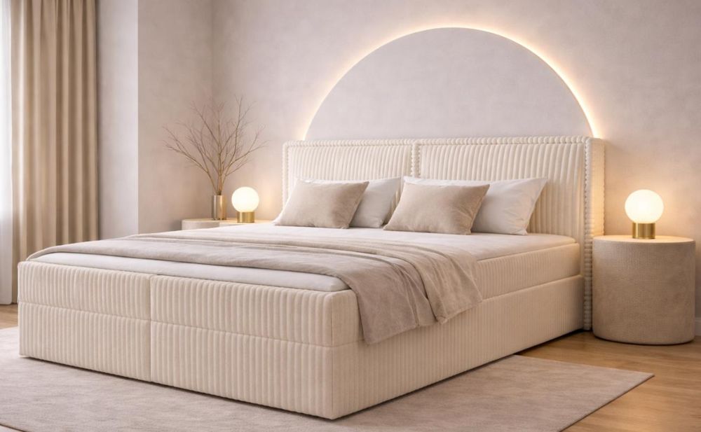 MOEBLO Boxspringbett Bett 04 – Boxspringbett aus Cord, Polsterbett Kontinentalbett Doppelbett mit Bonell-Matratze, Topper und Bettkasten (gepolstertes Kopfteil, Boxspring) - 160 x 200 - Ambience 02 Creme