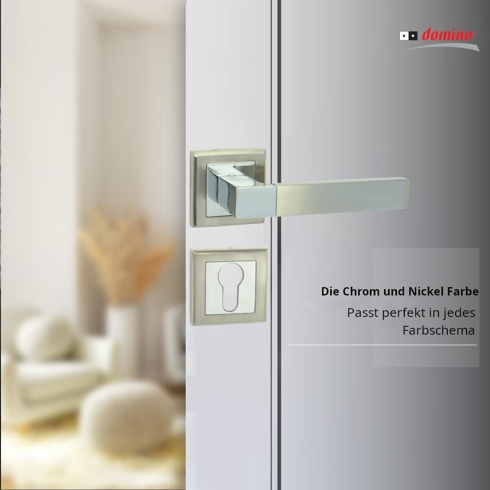 DOMINO Türgriff Drückergarnitur PZ - Profilzylinder Set | mit quadratischen PZ Rosetten| Türklinke für Zimmertür, Bürotür, Kellertür & Innentür| Türbeschläge aus Aluminium| Chrom/Nickel Türdrückergarnitur| REAL-QR M6/M9