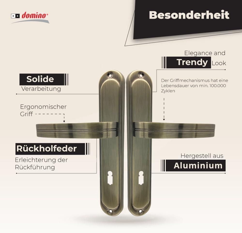 DOMINO Türgriff 72 Drückergarnitur BB-Buntbart Set | Langschildgarnitur | Türklinke für Zimmertür, Bürotür, Kellertür & Innentür | L-Form | Türbeschläge aus Aluminiuml | Bronze Türdrückergarnitur | DEKAN M3