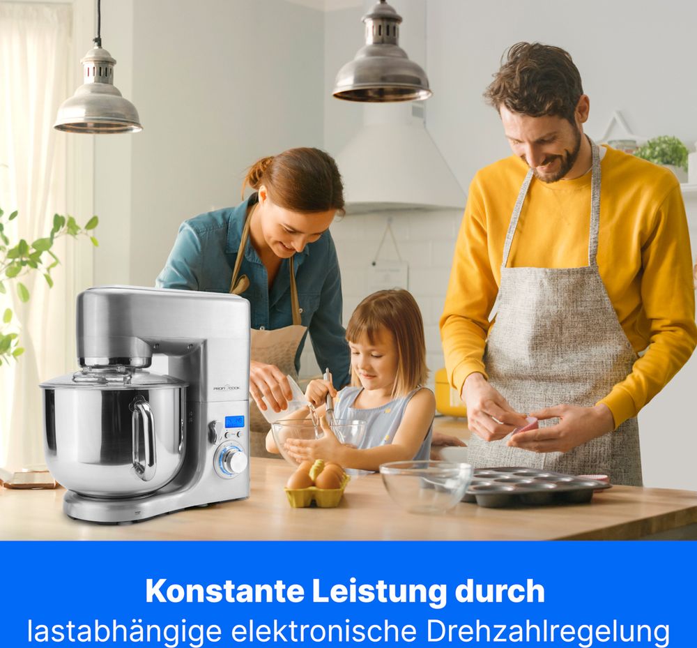 ProfiCook® Küchenmaschine mit XXXL-Edelstahlschüssel | Rühgerät 10L mit 1500W Motor | Knetmaschine inkl. Haken & Schneebesen | Spritzschutz mit Nachfüllöffnung | PC-KM 1096