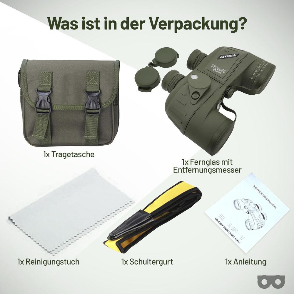 Lieferumfang: Fernglas, Tragetasche, Schultergurt, Reinigungstuch und Anleitung