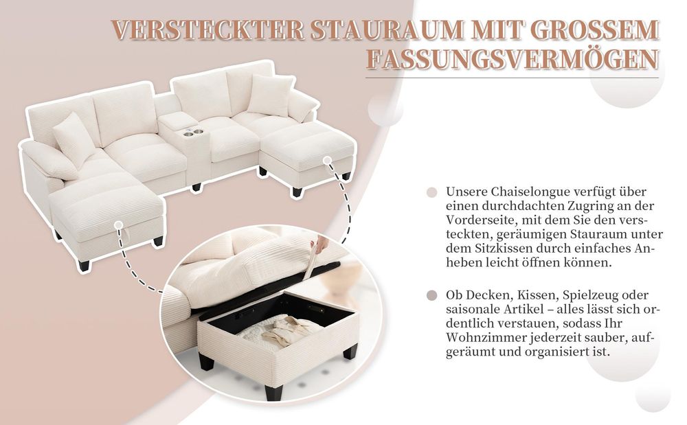 Merax 4-Sitzer U-förmiges Ecksofa, mit Bettkasten, Stauraum, Getränkehaltern, USB, Kissen, Modulares Sofa, Cordbezug, Couch, Couchgarnitur, Grau