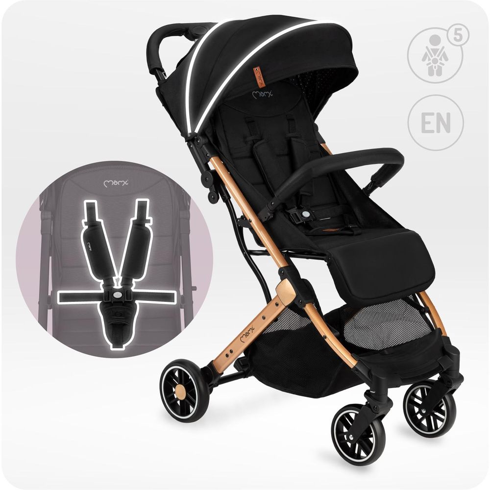 MoMi ESTELLE – Ultraleichter Baby Kompaktbuggy 7,7 kg mit Einhand-Faltung, Trolley-Funktion & Liegeposition, ideal für Reisen – Schwarz/Gold