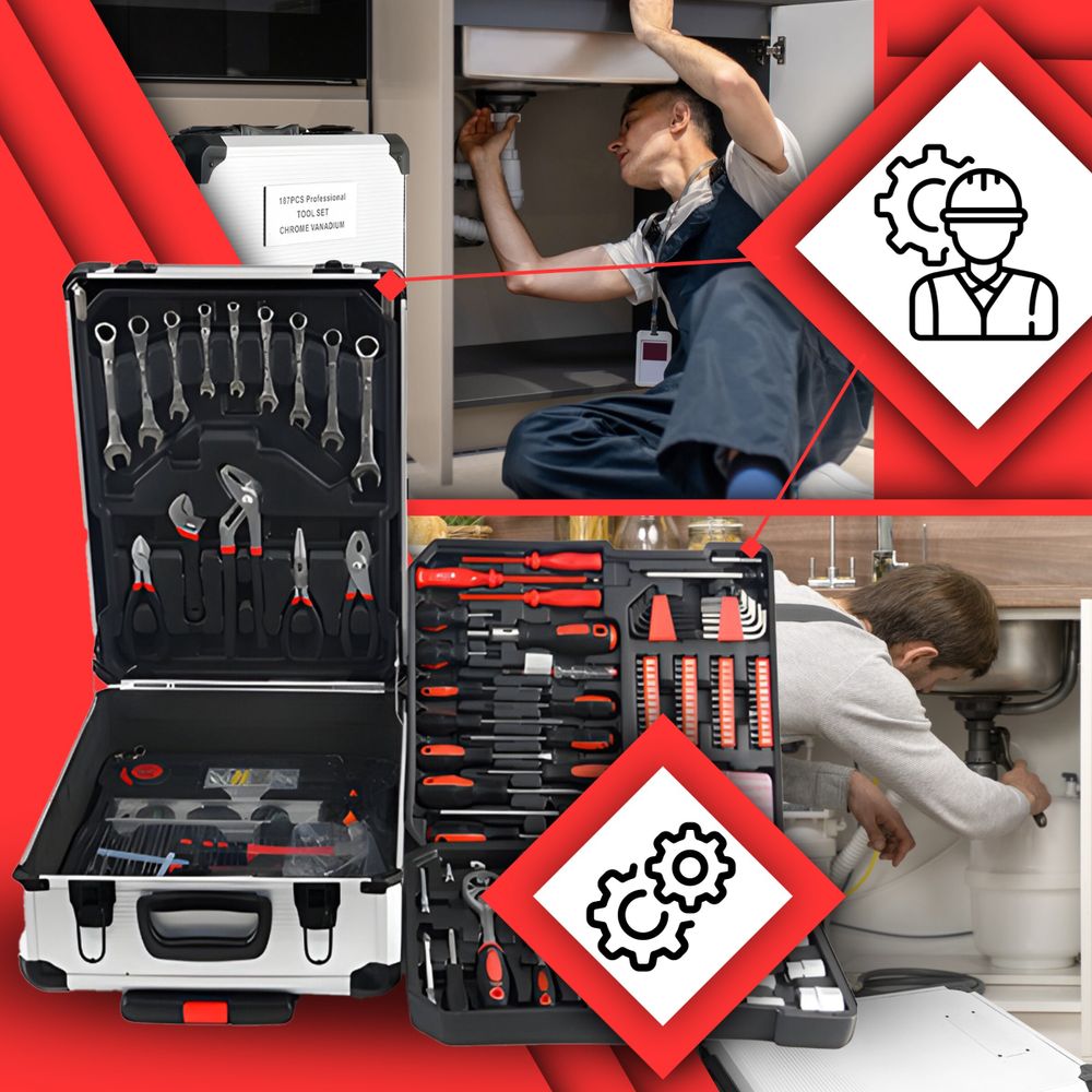 Werkzeugkoffer Rollkoffer Tragekoffer Koffer mit Rollen Werkzeug-Set 187-tlg für Haushalt Garage & Werkstatt Silber Retoo