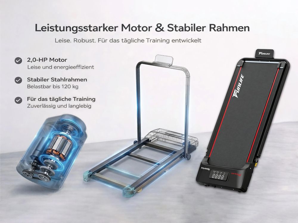 Stabiler Rahmen und Motor eines Heimlaufbands im Detail dargestellt