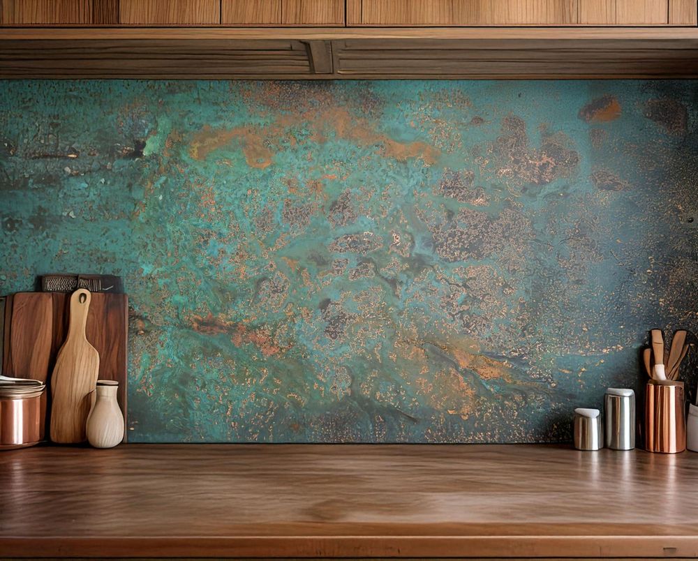 CopperAndCraft Kupfer Wandpaneel Patina Türkis 100x70 cm, Handgefertigte Metallkunst für Küchenrückwand, Badezimmer und Moderne Wohnräume,