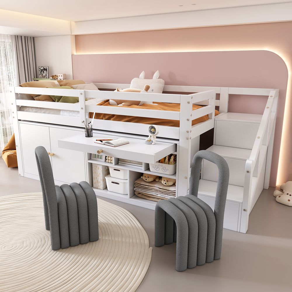 Flieks Etagenbett 90x200cm mit Schrank, Hochbett mit Leiter und Treppe, Kinderbett Stockbett Einzelbett mit Rausfallschutz, Holzbett für Kinder, Weiß