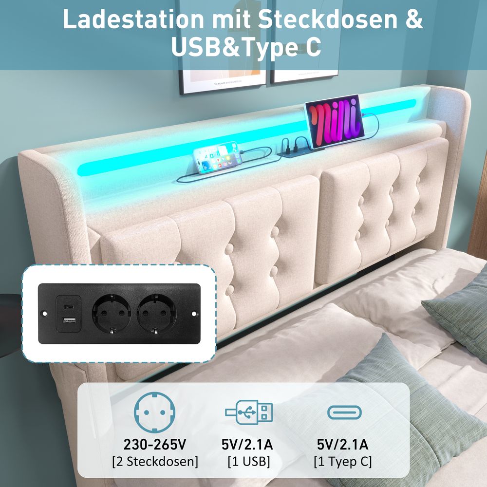 Flieks Polsterbett 140x200cm mit 4 Schubladen, Stauraumbett Doppelbett mit Ladefunktion, Jugendbett Holzbett mit LED, Funktionsbett Baumwolle, Beige