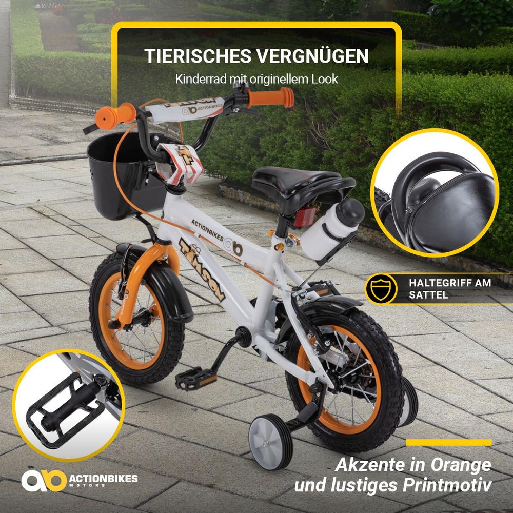 Actionbikes Kinderfahrrad Timson 12 Zoll | Kinder Fahrrad - Mädchen Rad - Jungen Bike - Kinderrad - V-Brake Bremsen - Korb - Stützräder - 2-5 Jahre
