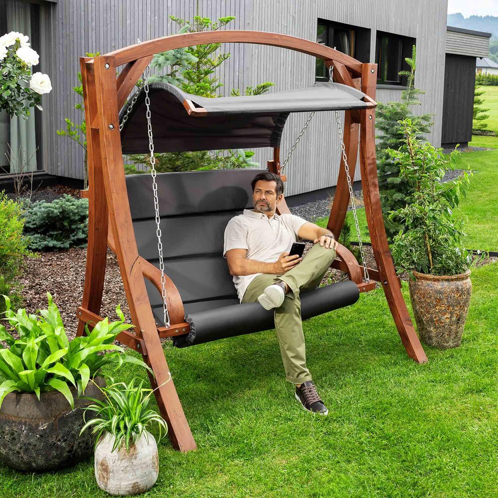 di volio Hollywoodschaukel Pergia grau, Gartenschaukel aus Holz, Outdoor Hängesessel mit Gestell für 2 Personen, mit Sonnendach, wetterfest & robust