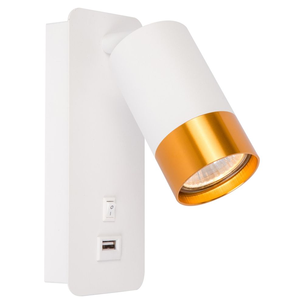 Weiße LED-Wandleuchte mit USB-Anschluss und schwenkbarem Spot in Goldoptik.