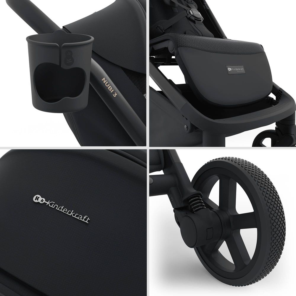 Kinderkraft NUBI 3 Buggy bis 22 kg – automatisch zusammenklappbar, große EVA-Räder, Mesh-Sitz, UPF50+ Verdeck - Schwarz