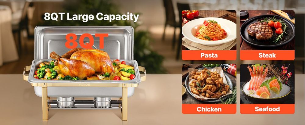 VEVOR Warmhalteteller Buffet Set, 4 Qt 2er Pack, Edelstahl Chafing Dish mit 4 halben Größen Pfannen, rechteckiger Catering Wärmeserver mit Glasdeckel, Wasserpfanne, klappbarer Ständer, Brennstoffhalter, für Hochzeitsfeiern und Bankette, 4 Stück