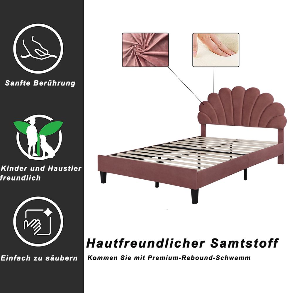 Flieks Polsterbett 140x200cm Samt mit Blumenform-Kopfteil und Lattenrost Doppelbett Kinderbett für Damen Kinder Jugend
