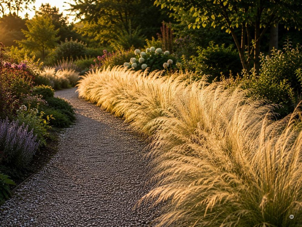 Federgras-Massenpflanzung säumt Gartenweg im Abendlicht