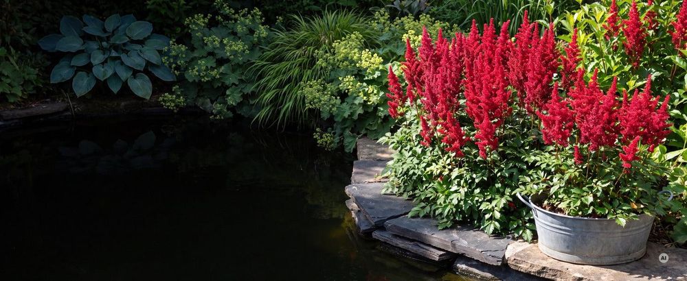Prachtspiere 'Astary Red' im Hochsommer am Teichrand und in einer Zinkwanne