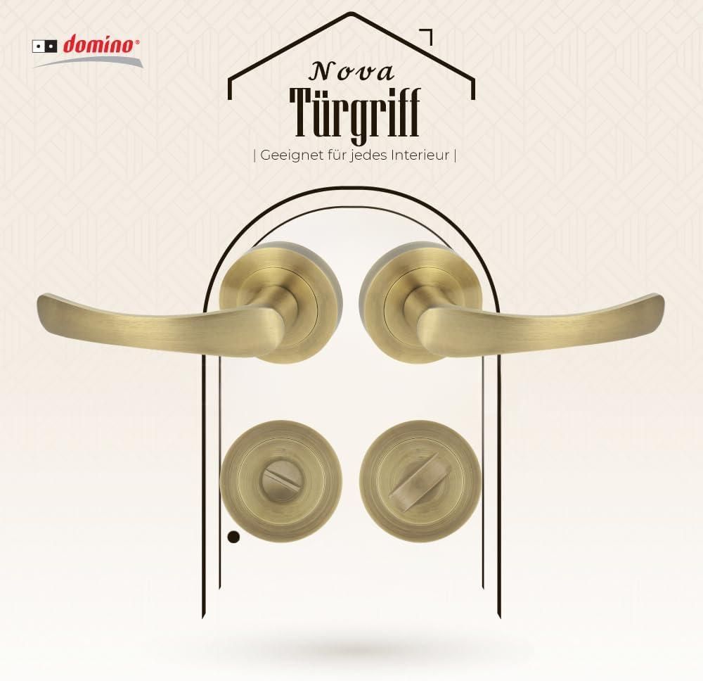 DOMINO Türgriff Drückergarnitur WC -Badezimmer Set | Rund-Rosette | Türklinke für Bürotür, Kellertür & Innentür | Aluminium | Bronze Farbe | NOVA-R M3