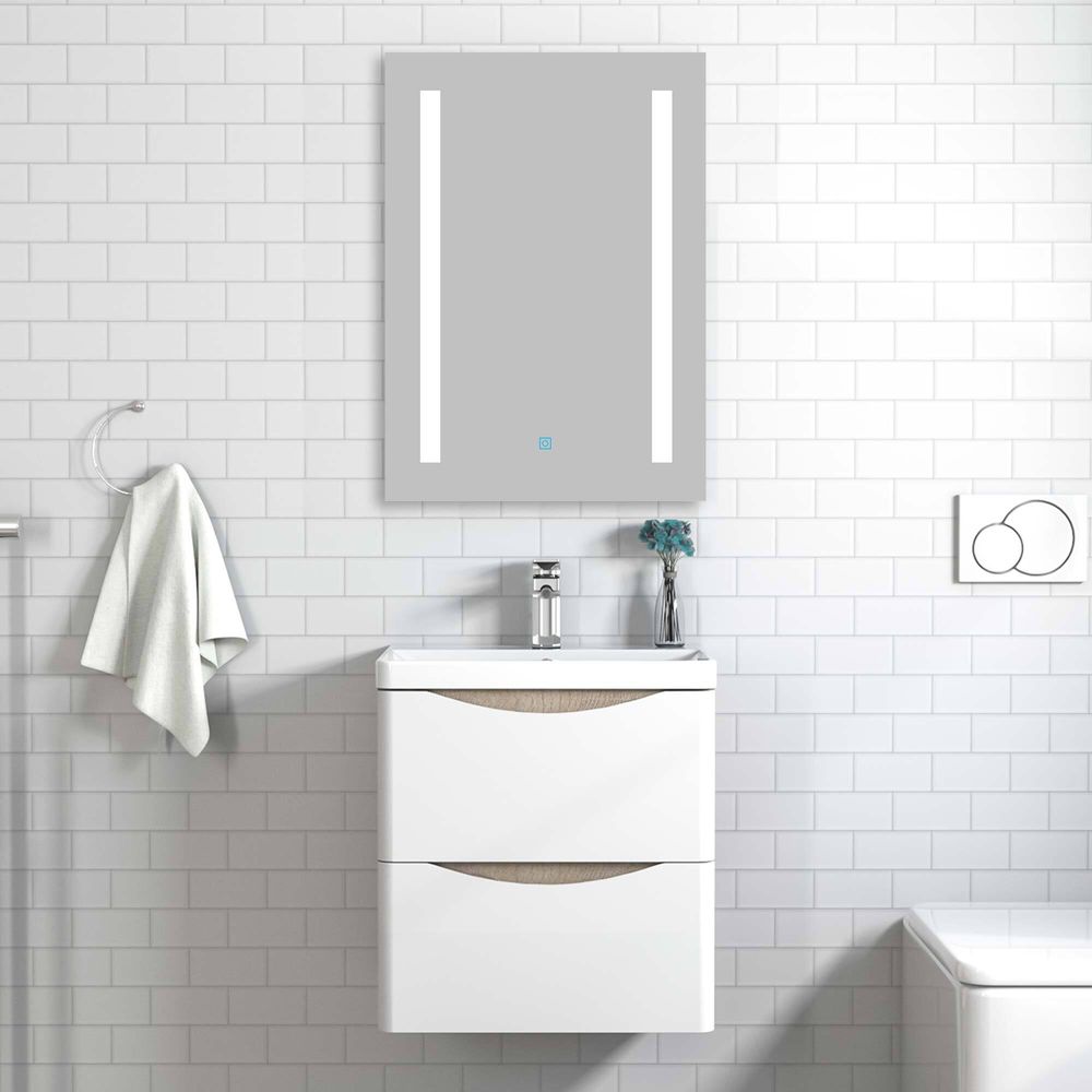 Badezimmerschrank 50cm Mineralguss Waschtisch mit Unterschrank Eiche+Weiß Matt Badmöbel Set mit Soft-Close
