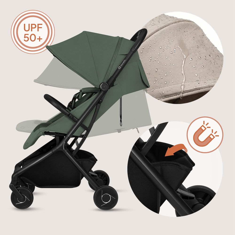 Lionelo Sia Buggy ultraleicht 5,9 kg, kompakt klappbar 18x51x49 cm, Einhand-Faltung, UPF50+, ER-Räder, Dri-Seat, Zubehör-Set - Grün