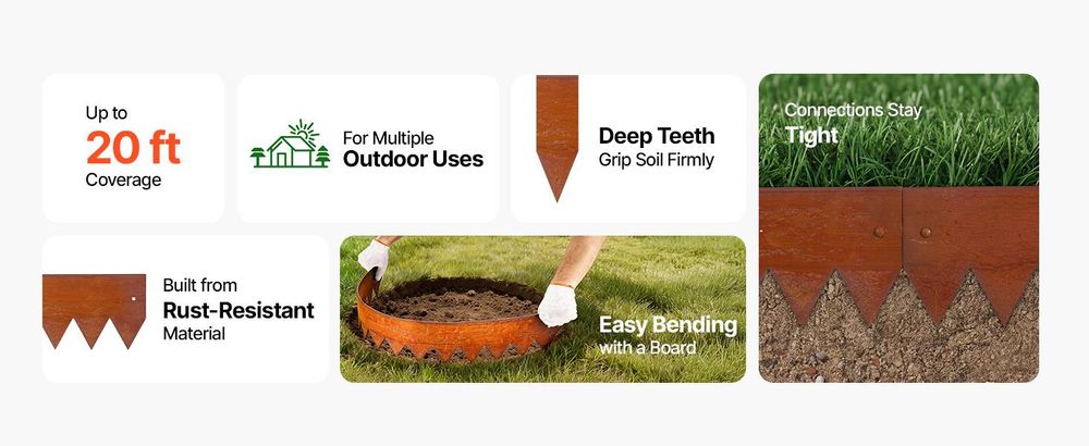 VEVOR Rasenkante, 6er-Pack, 1016x152 mm, Cortenstahl Beeteinfassung mit 8 Verbindungsplatten, Biegsame Beetbegrenzung, Rasenbleche, Mähkante Metall Gartenpalisade für Blumenbeete, Gartenwege