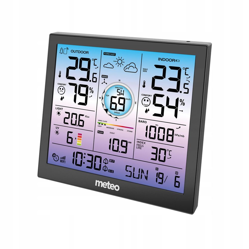 Display der METEO SP602 mit Wetterdaten Uhr und Prognose