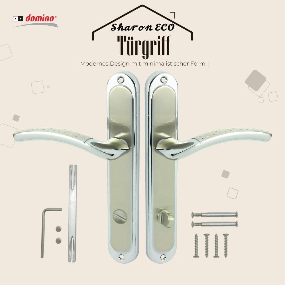 DOMINO Türgriff 78 Drückergarnitur WC - Badezimmer Set | Links & Rechts Türbeschlag für WC/Badezimmertüren | L-Form | Türbeschläge aus Aluminium | Chrom/Nickel  Türdrückergarnitur | SHARON ECO M6/M9