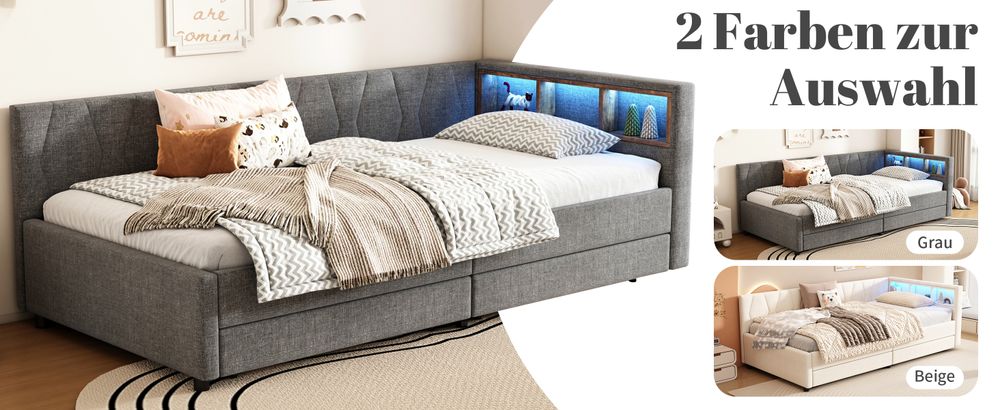 okwish Schlafsofa Tagesbett 90*200cm, Daybett- Ablagefach, USB+Typ C für LED-Umgebungslicht, Bett mit zwei Schubladen,(ohne Matratze), Grau