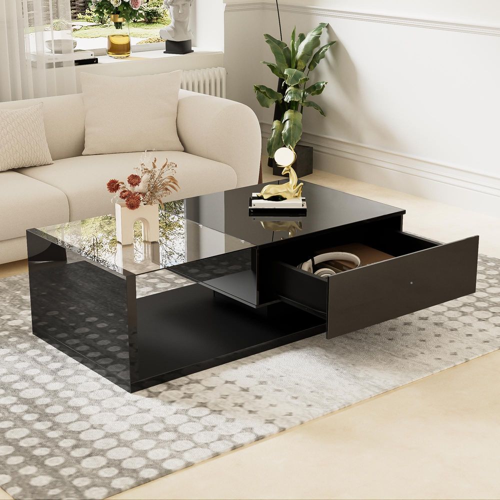 Merax Couchtisch mit Schublade und Glastischplatte, Beistelltisch hochglanz Couchtisch mit LED- Beleuchtung, Wohnzimmertisch Kaffeetisch 105x55x32,5cm