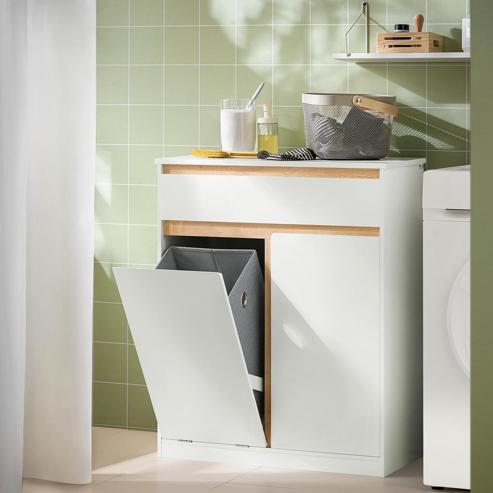 SoBuy Badezimmerschrank mit Wäschekorb und Schublade – Weißer Badschrank mit Tür, Schublade und Kippsystem, Badmöbel für kleines Badezimmer BZR79-W