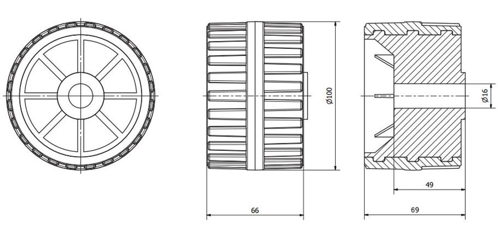 Tulplast Kleine Kielrolle 100 mm für Bootstrailer, Bootsrolle 66 mm