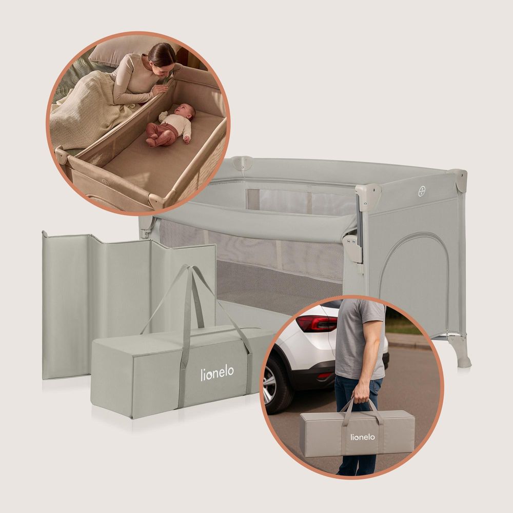 Lionelo Reisebett 3in1 Ellen von 0 bis 3 Jahren, Beistellbett für Neugeborene und ältere Kinder bis 15 kg, 2 Matratzenhöhen Beige