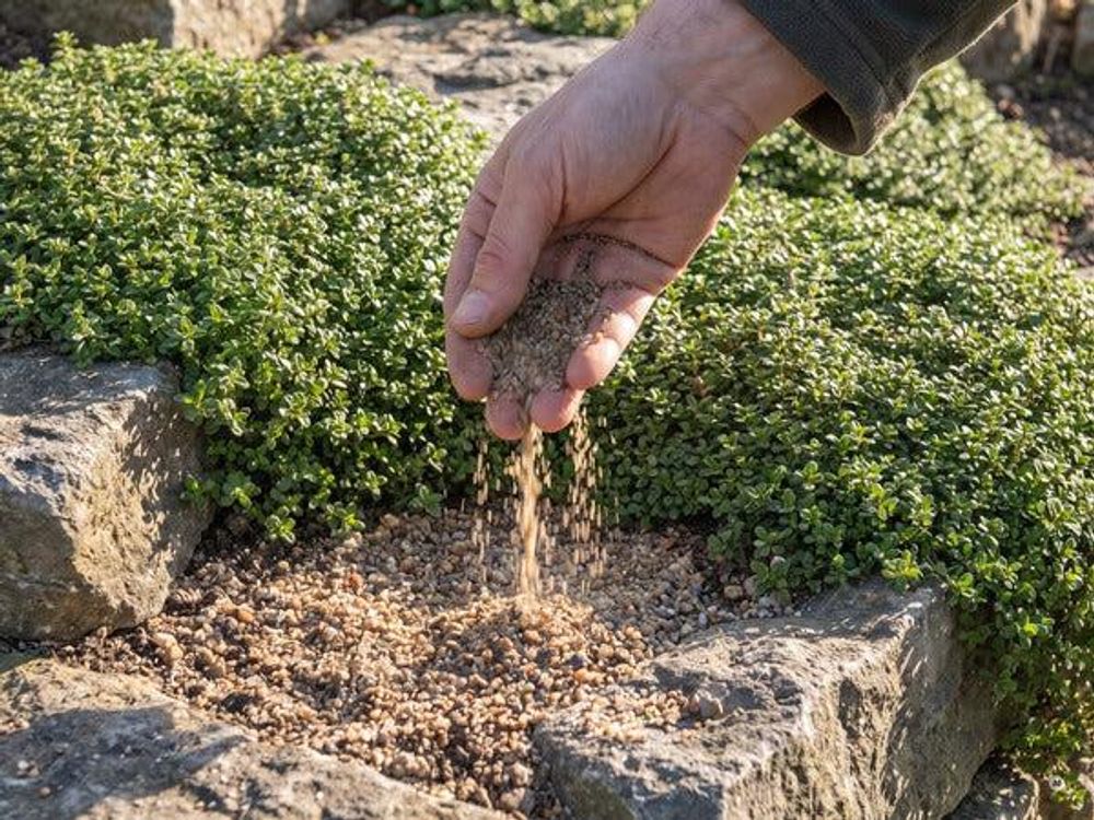 Hand mit hellem Sand-Splitt-Gemisch über einem Steingarten