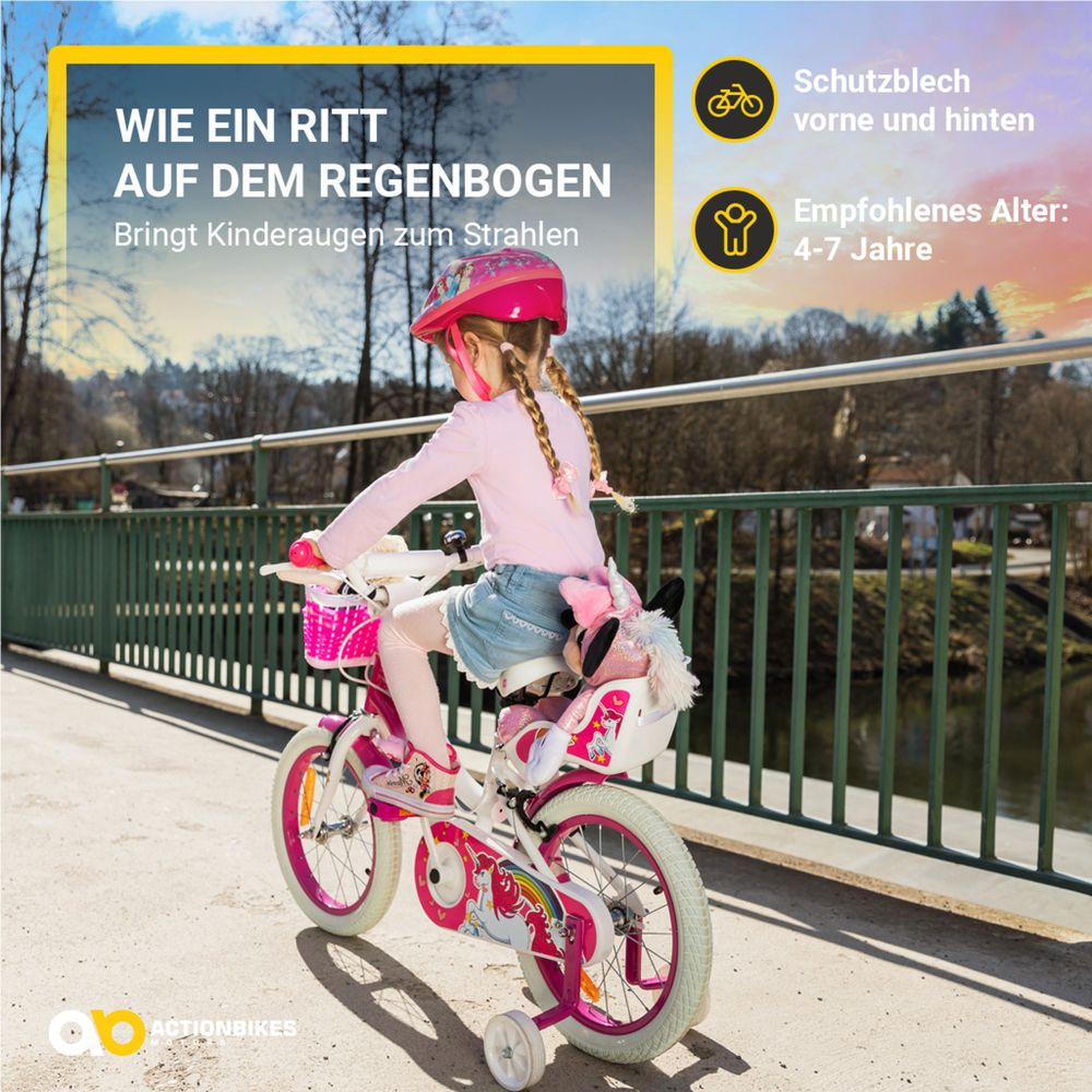 Actionbikes Kinderfahrrad Unicorn 16 Zoll | Kinder Fahrrad - V-Brake Bremsen - Kettenschutz - Fahrradständer - Antirutschgriffe - 6-9 Jahre (Pink)