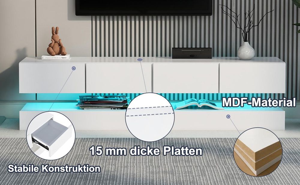 MODFU TV-Lowboard Weiß hochglanz TV-Schränke mit 16-farbiger LED-Beleuchtung,Fernsehtisch für Fernseher bis 55 Zoll, Fernsehbank,MDF,130×33×15 cm