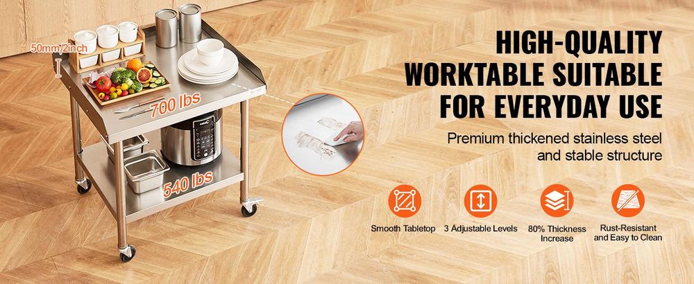 VEVOR Edelstahl Vorbereitungs Tisch, 24 x 24 x 34 Zoll, Schwerlast Metall Arbeitstisch mit 3 verstellbaren Höhenstufen, Gewerbliche Arbeitsstation für Küche Garage Restaurant Garten, 610x711x762 mm
